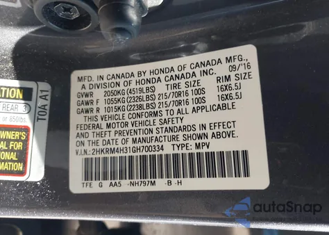 2016 Honda Cr-V Lx z USA, uszkodzony, nr VIN 2HKRM4H31GH700334